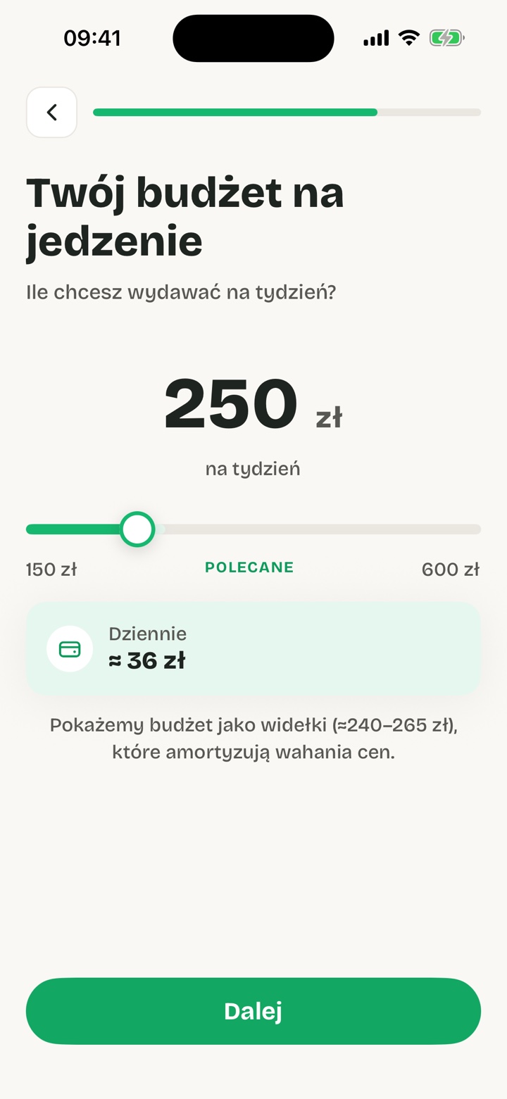 Ekran budżetu w aplikacji Snugmeal – suwak tygodniowego budżetu 250 zł