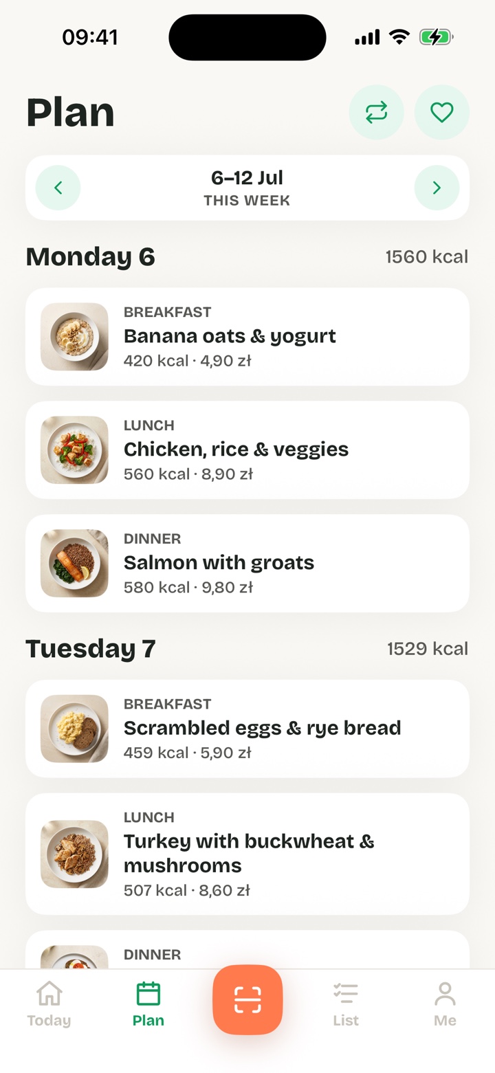 Weekly meal plan in the Snugmeal app – meals with calories and prices