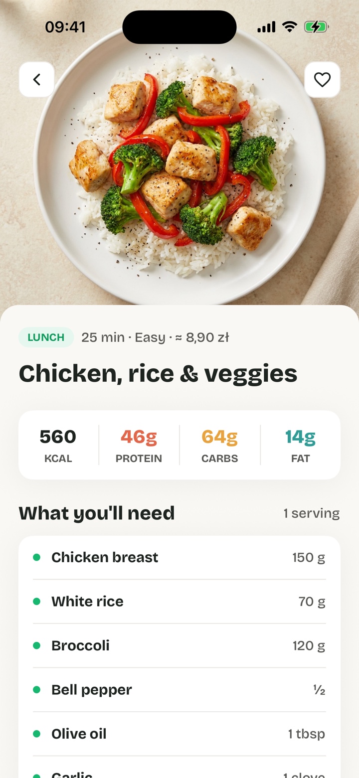 Recipe in the Snugmeal app – chicken, rice and vegetables with macros