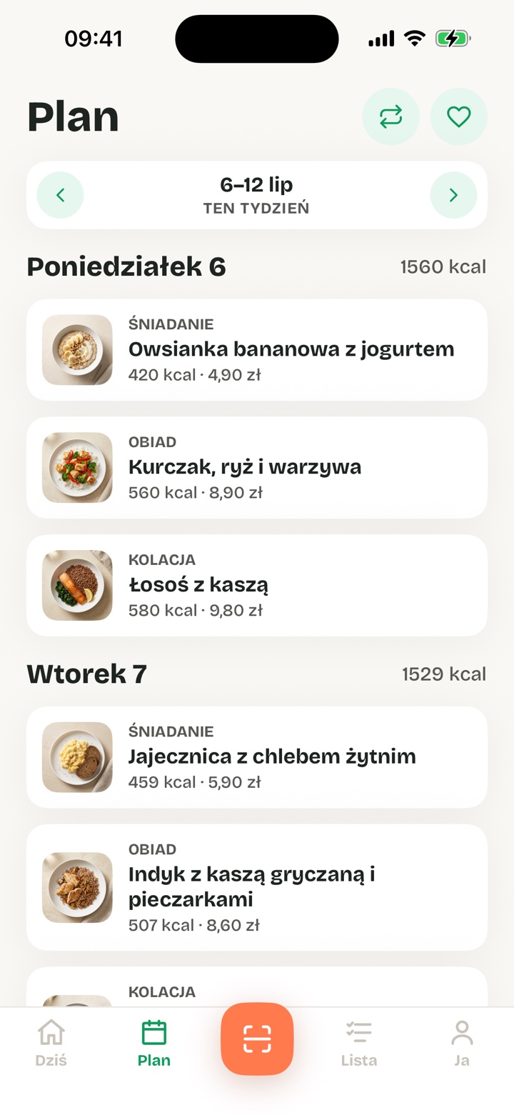 Plan posiłków na tydzień w aplikacji Snugmeal – posiłki z kaloriami i cenami