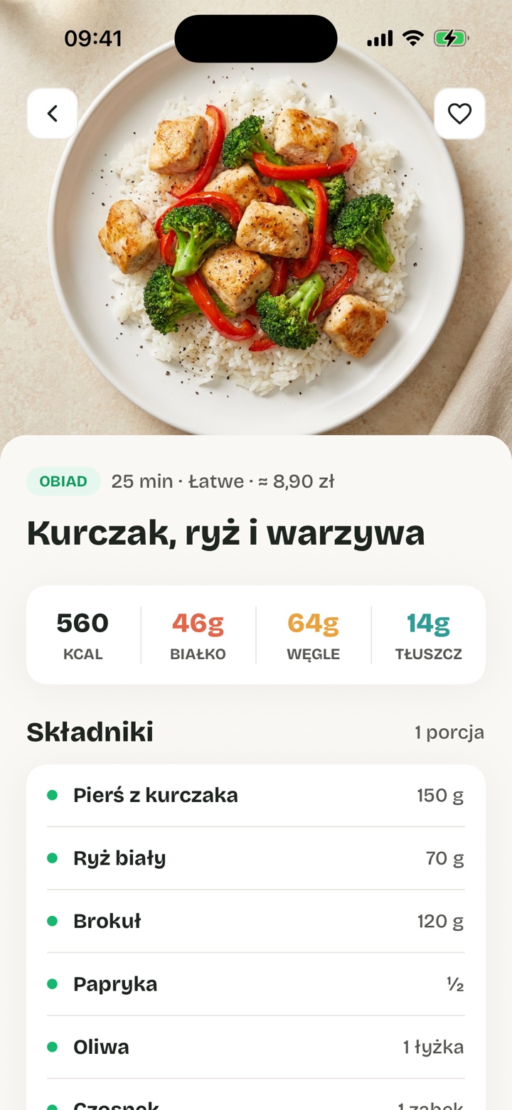 Przepis w aplikacji Snugmeal – kurczak, ryż i warzywa z makroskładnikami