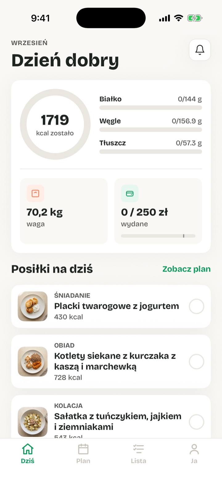 Ekran Dziś w aplikacji Snugmeal: posiłki na dziś i kalorie do celu